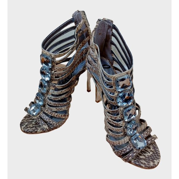 Sam Edelman Size 6.5 Leather Rhinestone Peep Toe Women's Pencil Heel - Picture 3 of 9